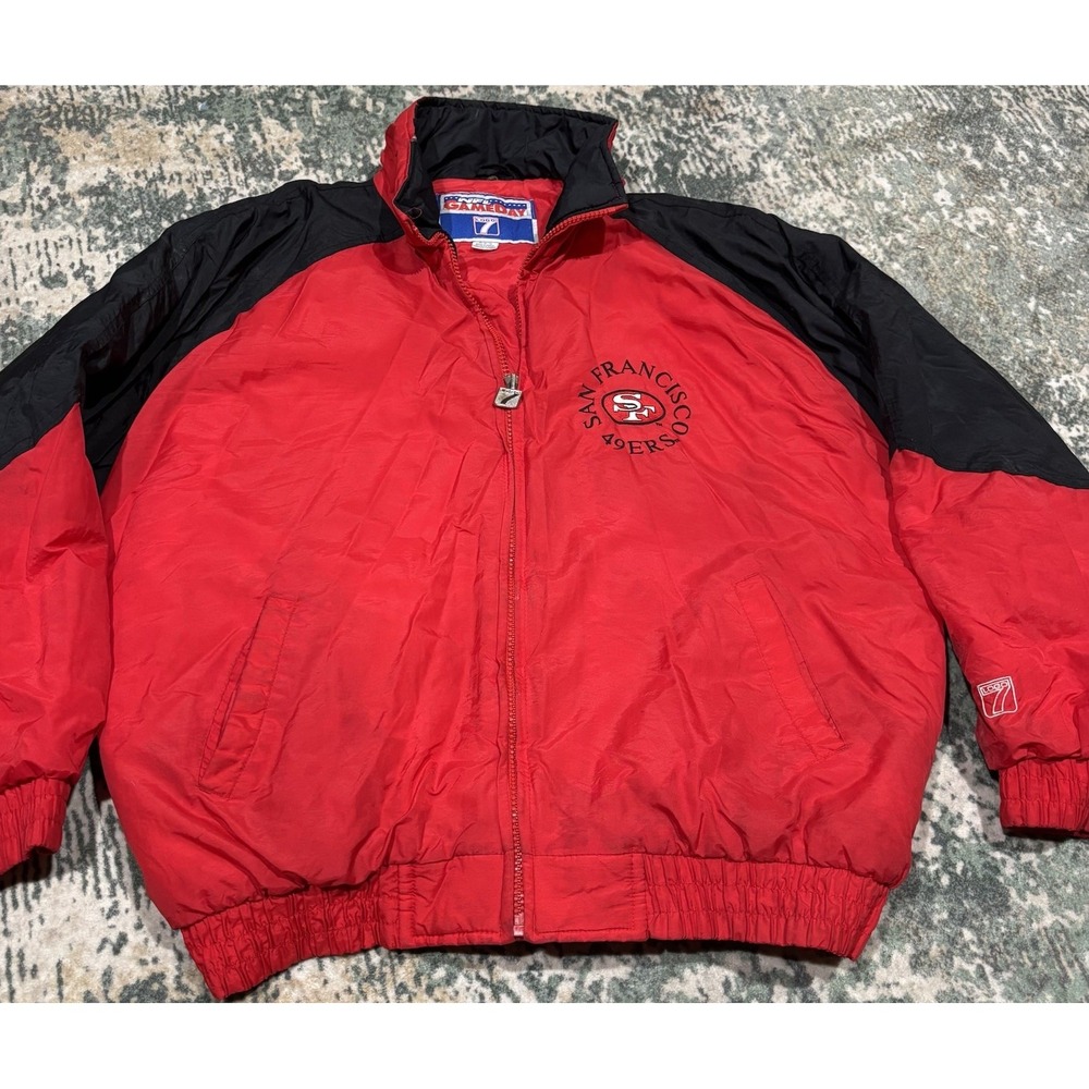 Vintage 90s San Francisco 49ers Logo 7 Puffer Jacket Red Black Men's XL